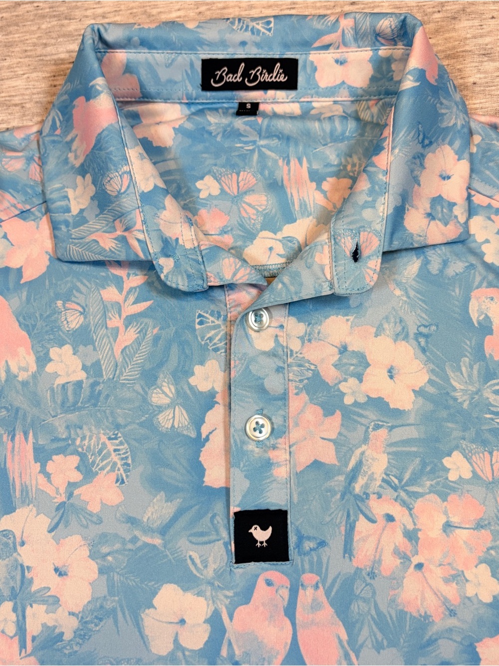 Bad Birdie Mens Blue Floral Parrot Print Golf Polo Shirt Size Small